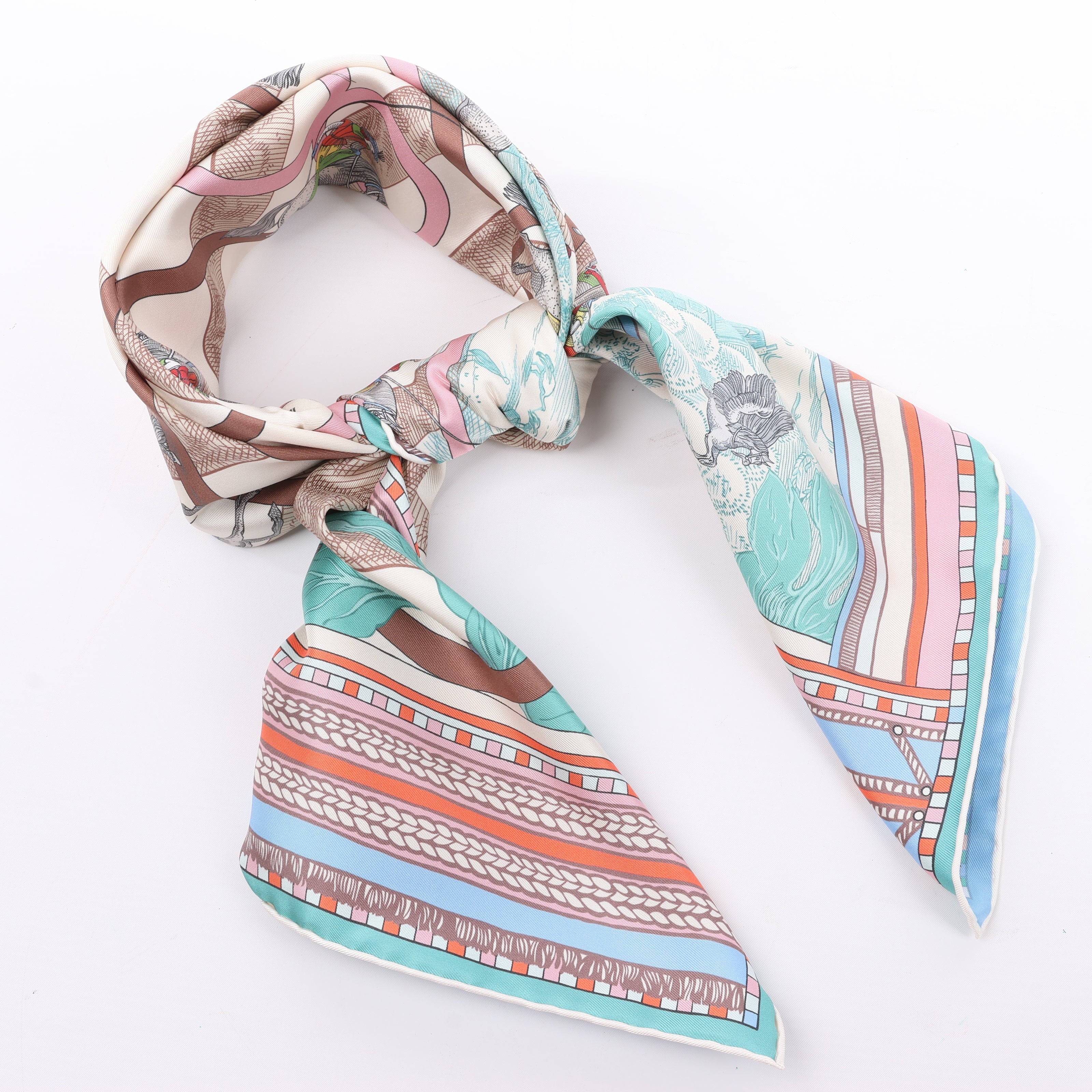 Hermès Carré Double face 90 "Passard D Serpentin" Silk Scarf in Brown x Green