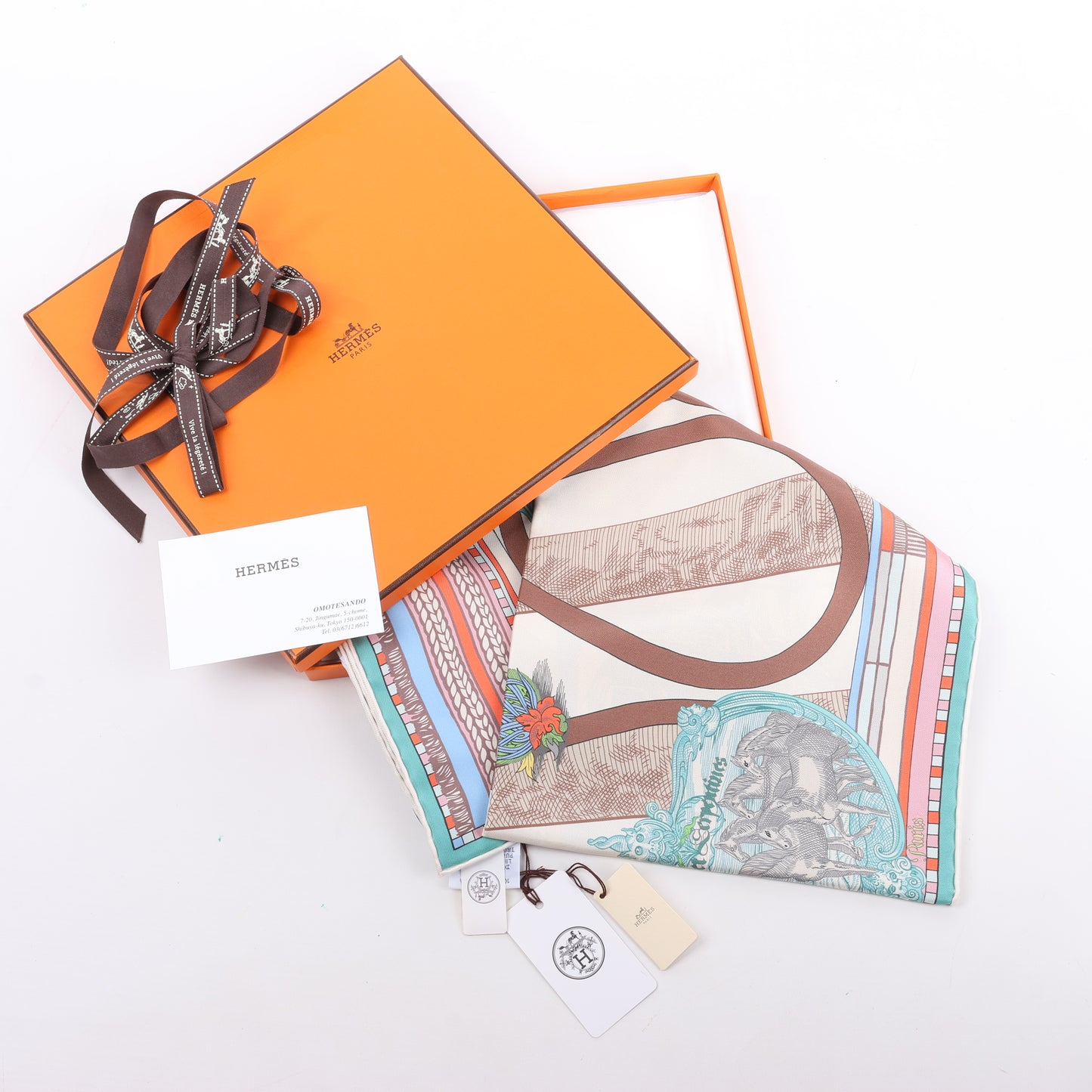 Hermès Carré Double face 90 "Passard D Serpentin" 100% Soie Écharpe en Marron x Vert