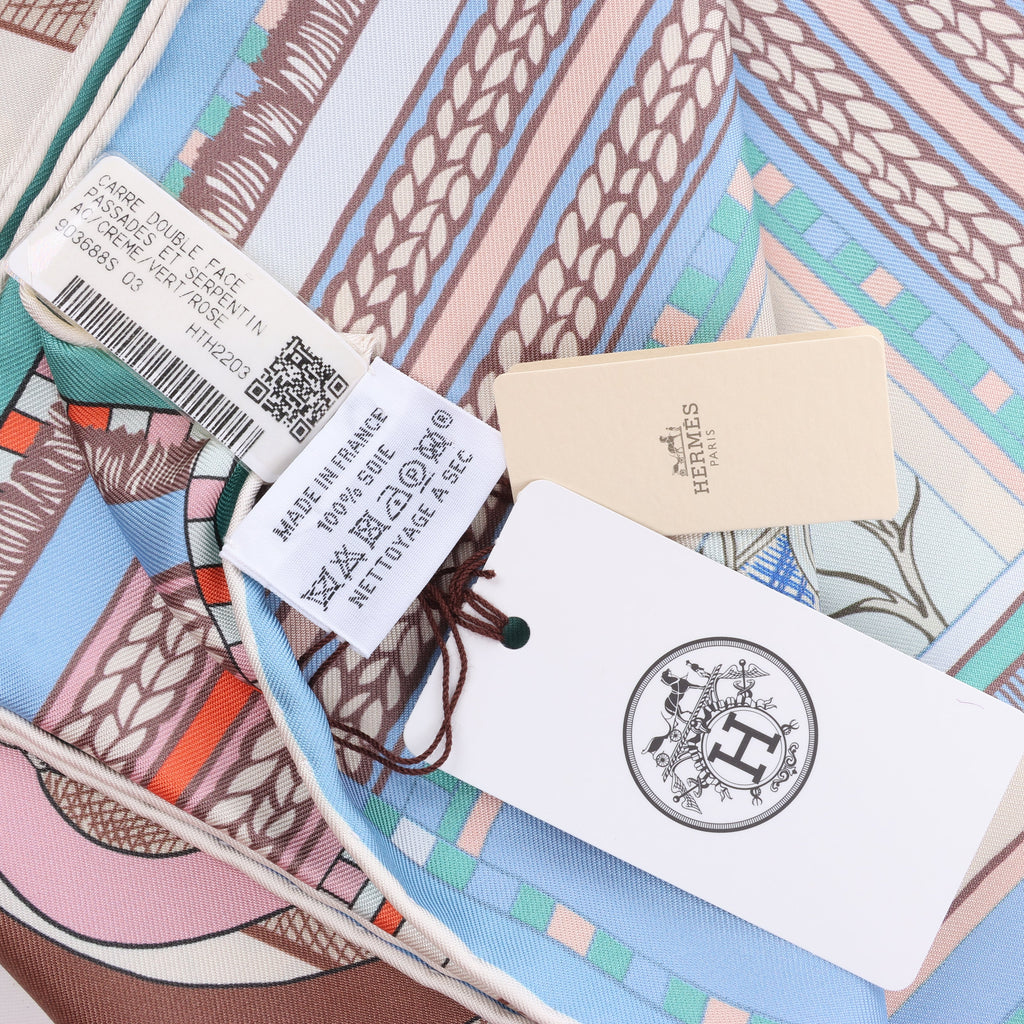 Hermès Carré Double face 90 "Passard D Serpentin" Silk Scarf in Brown x Green
