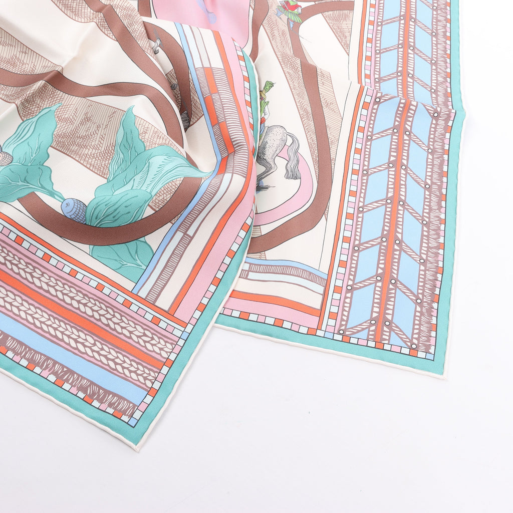 Hermès Carré Double face 90 "Passard D Serpentin" Silk Scarf in Brown x Green