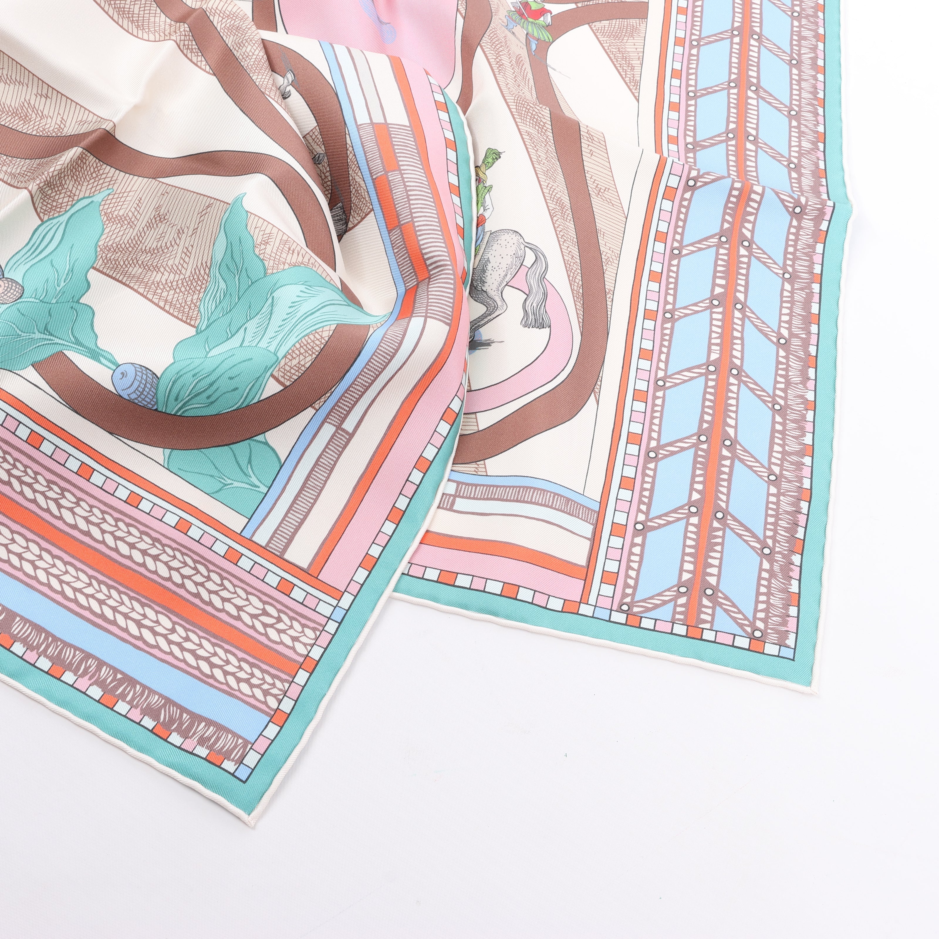 Hermès Carré Double face 90 "Passard D Serpentin" Silk Scarf in Brown x Green