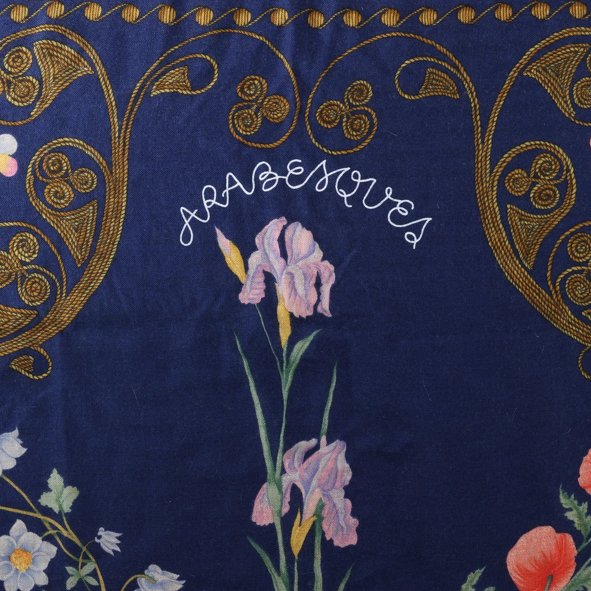 Hermès Carré Geant "ARABESQUES" Cashemere & Silk Scarf in Navy Blue x Red