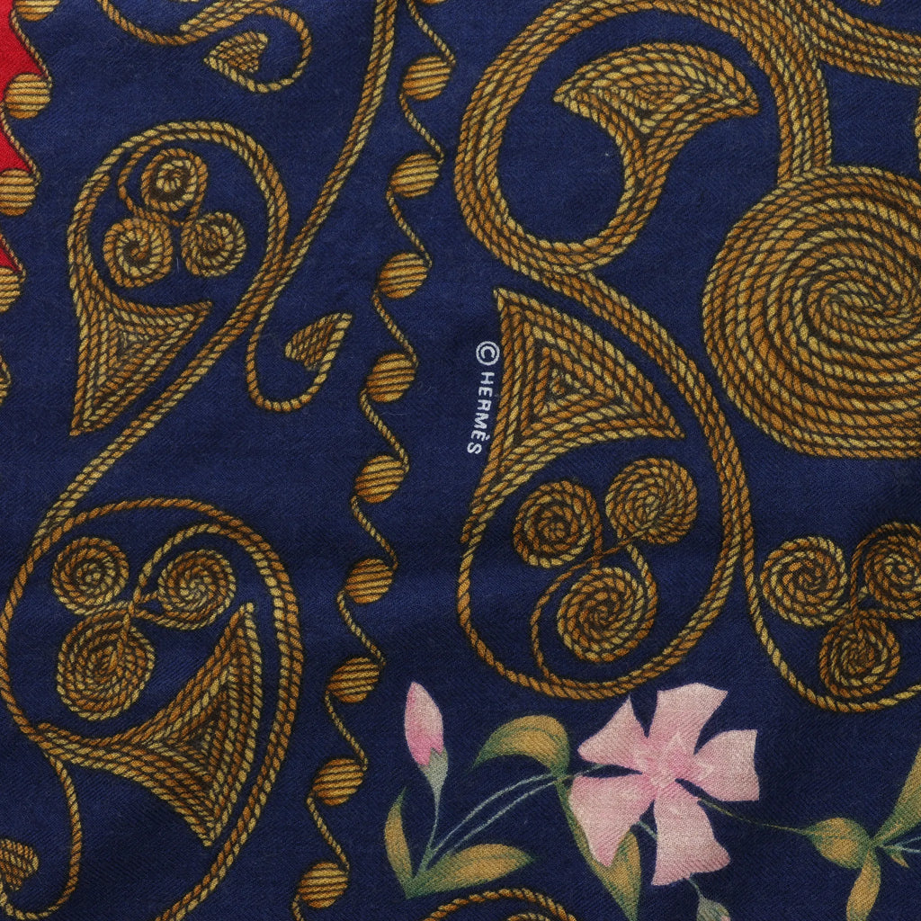 Hermès Carré Geant "ARABESQUES" Cashemere & Silk Scarf in Navy Blue x Red