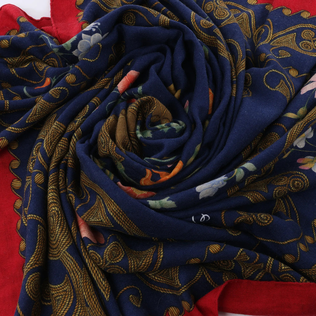 Hermès Carré Geant "ARABESQUES" Cashemere & Silk Scarf in Navy Blue x Red
