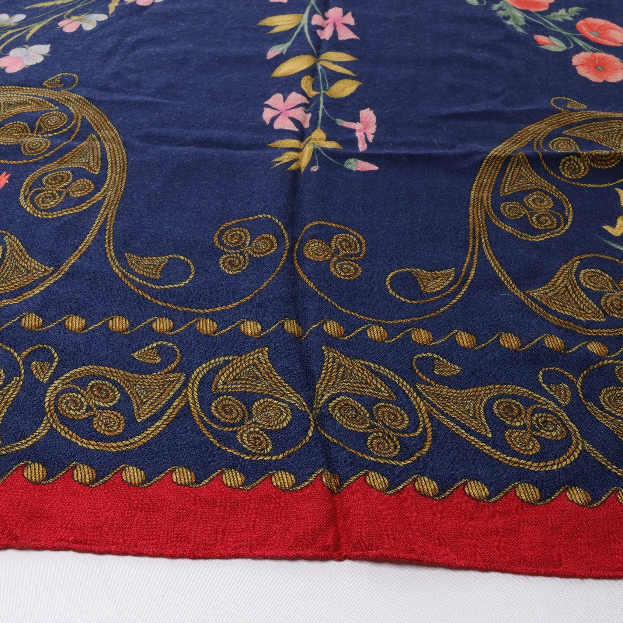 Hermès Carré Geant "ARABESQUES" Cashemere & Silk Scarf in Navy Blue x Red