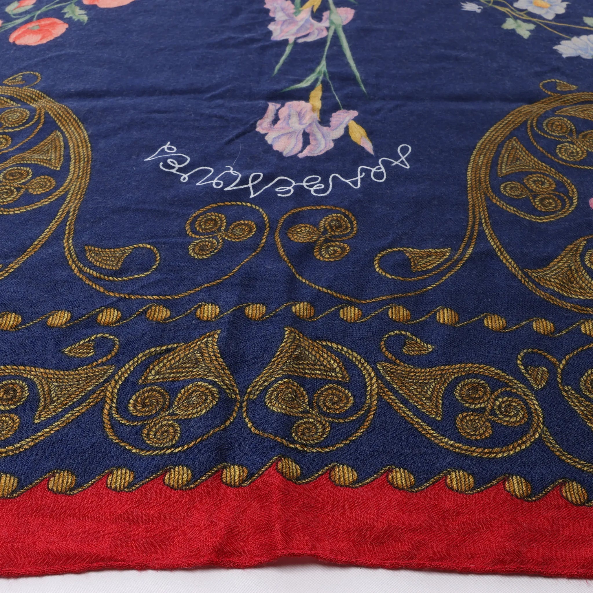 Hermès Carré Geant "ARABESQUES" Cashemere & Silk Scarf in Navy Blue x Red