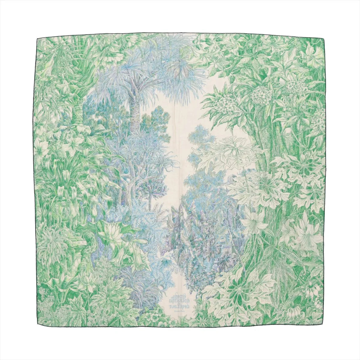 Hermès Carré Geant "Botanico di Palermo" scarf in green, featuring an intricate botanical illustration with leaves, flowers, and trees on a soft cashmere and silk blend fabric, laid flat against a white background.