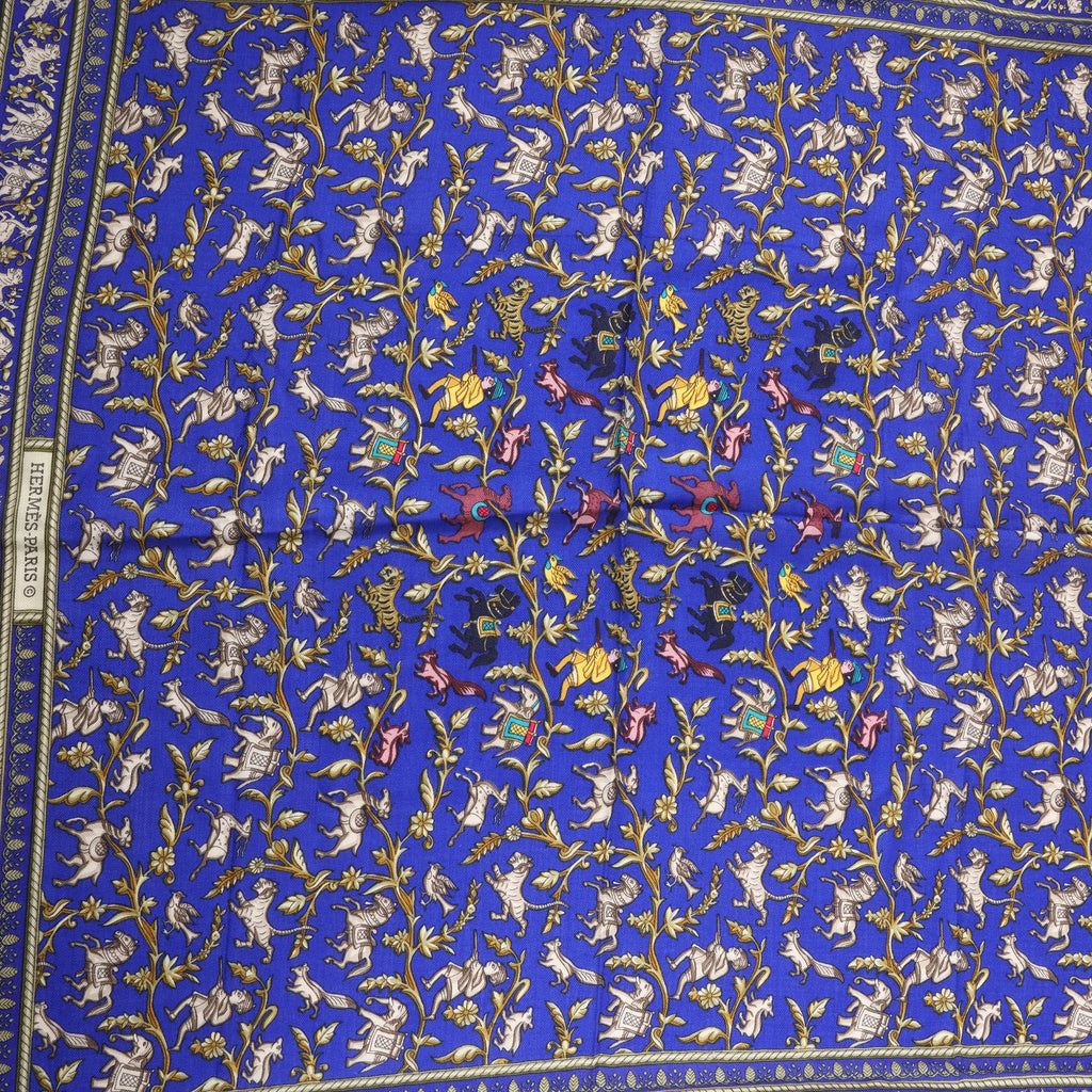 Hermès Carré Géant "CHASSE EN INDE" Cashmere & Silk Scarf in in Navy Blue