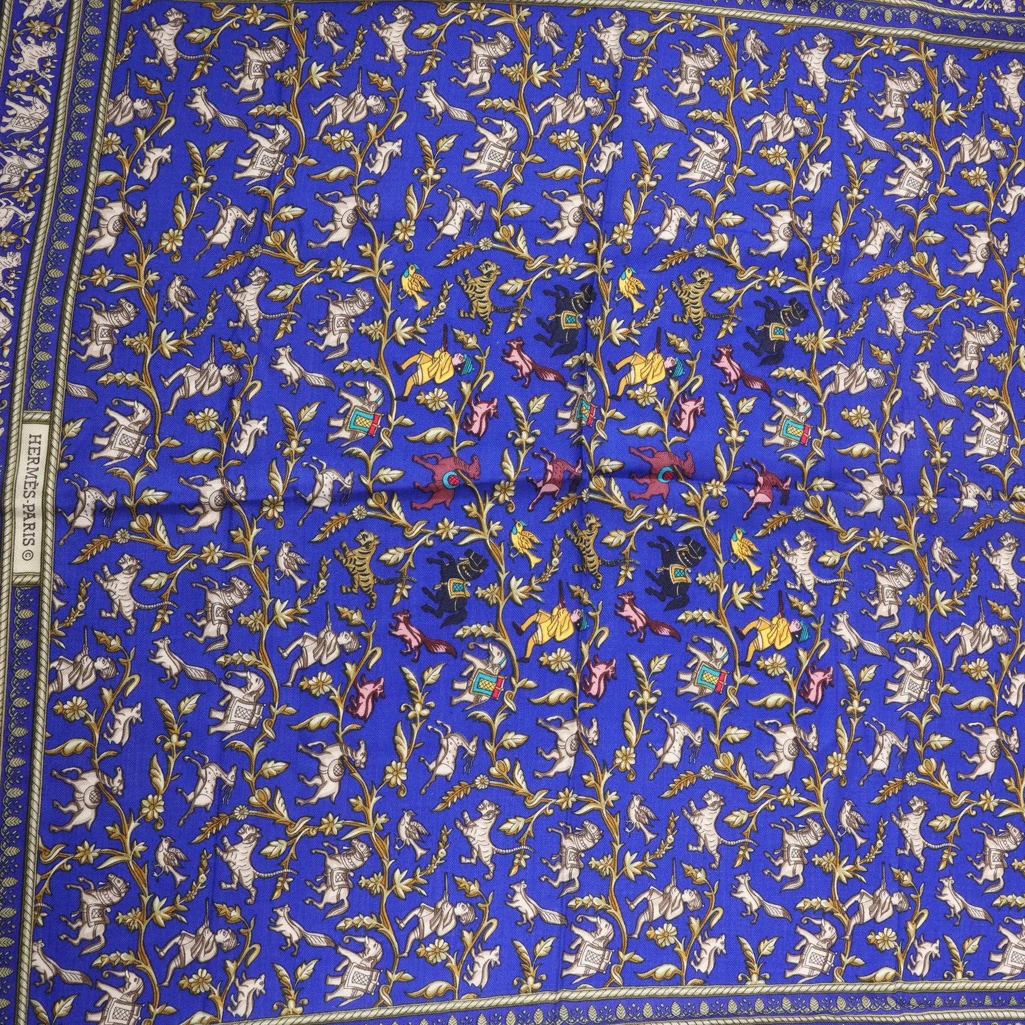 Hermès Carré Géant "CHASSE EN INDE" Cashmere & Silk Scarf in in Navy Blue