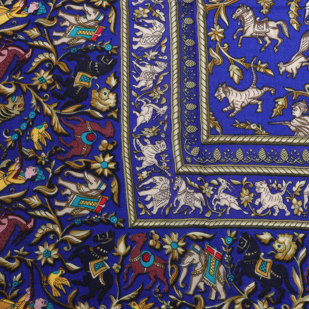 Hermès Carré Géant "CHASSE EN INDE" Cashmere & Silk Scarf in in Navy Blue