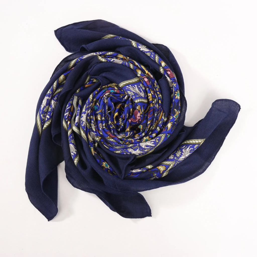 Hermès Carré Géant "CHASSE EN INDE" Cashmere & Silk Scarf in in Navy Blue
