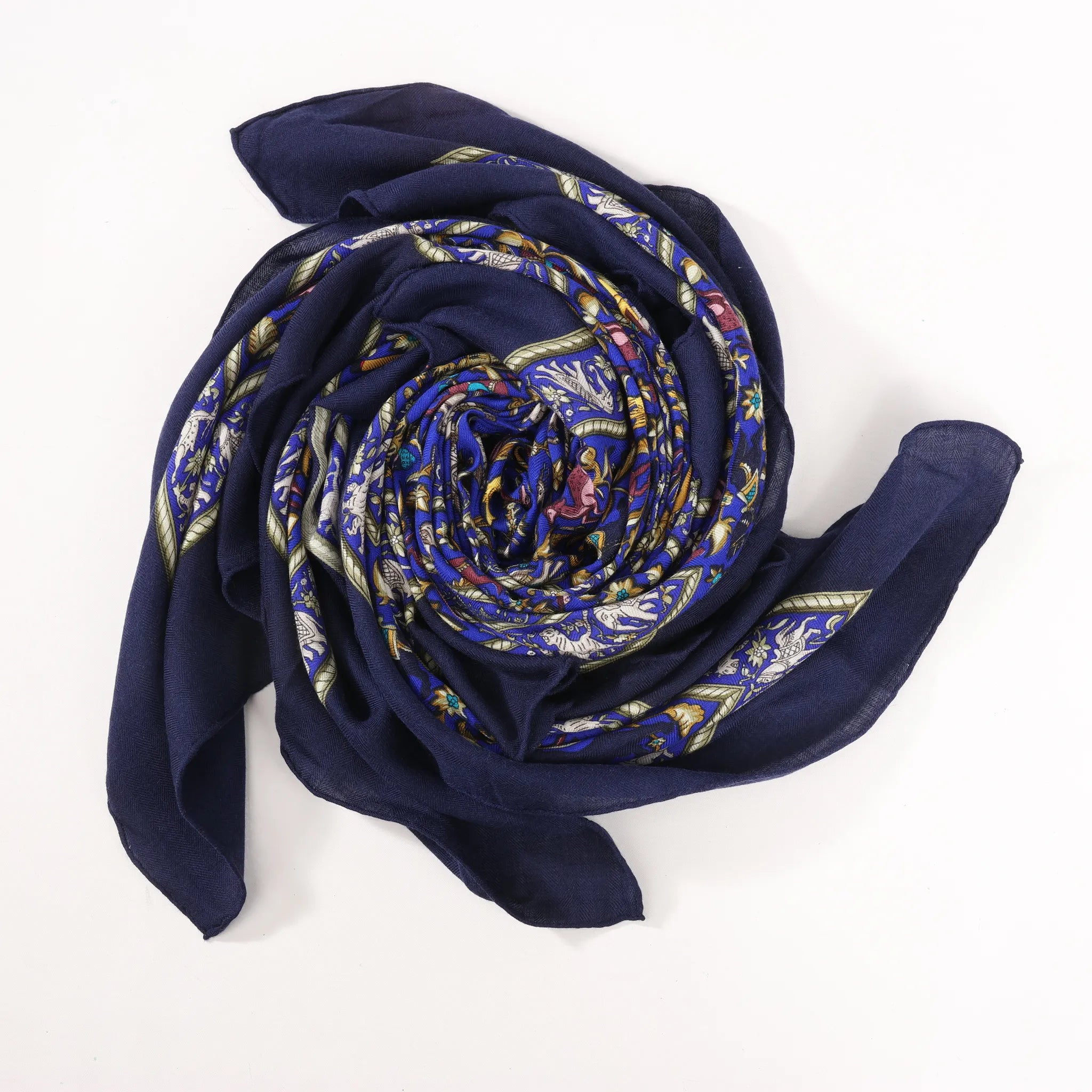 Hermès Carré Géant "CHASSE EN INDE" Cashmere & Silk Scarf in in Navy Blue