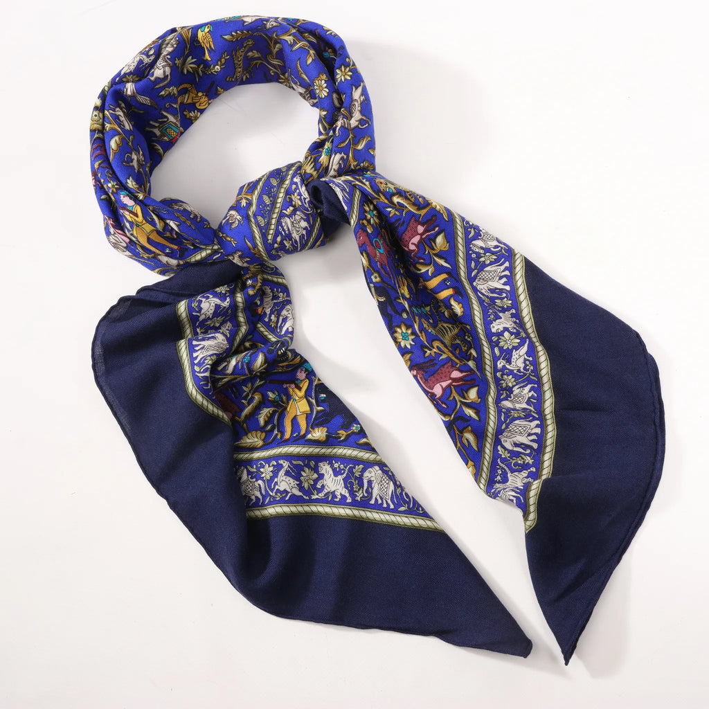 Hermès Carré Géant "CHASSE EN INDE" Cashmere & Silk Scarf in in Navy Blue