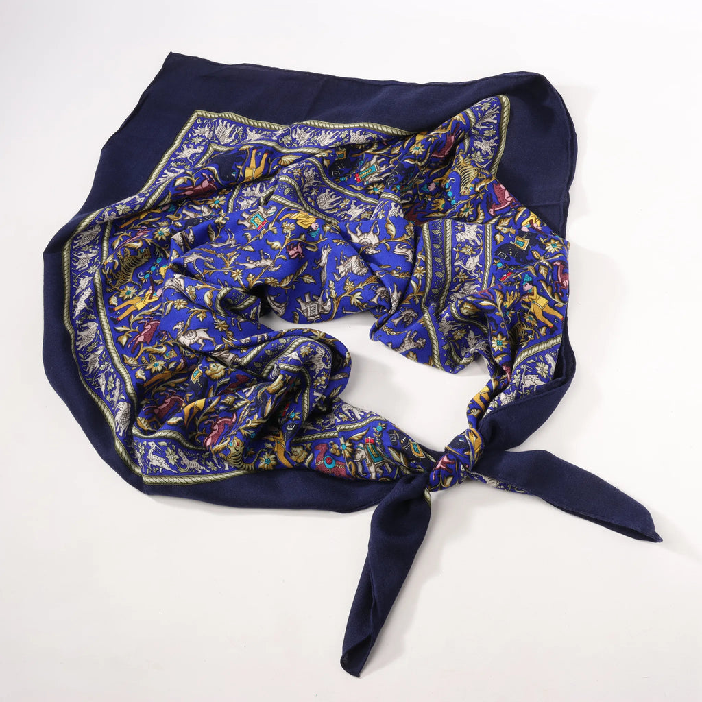Hermès Carré Géant "CHASSE EN INDE" Cashmere & Silk Scarf in in Navy Blue