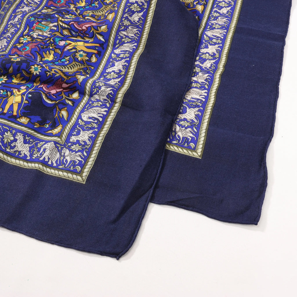 Hermès Carré Géant "CHASSE EN INDE" Cashmere & Silk Scarf in in Navy Blue