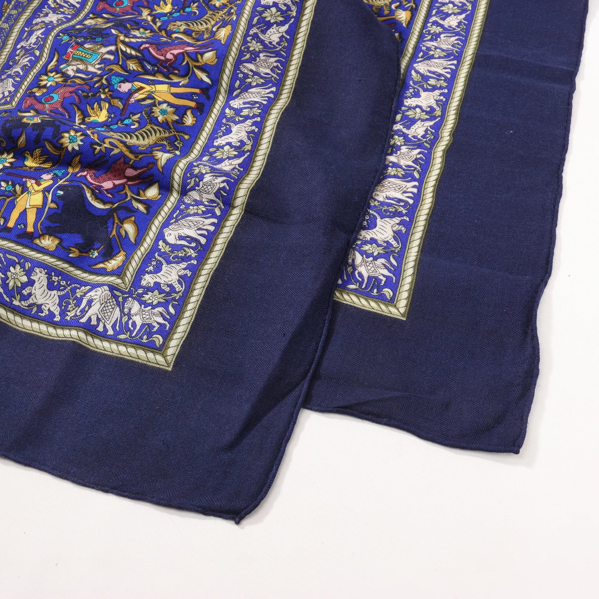 Hermès Carré Géant "CHASSE EN INDE" Cashmere & Silk Scarf in in Navy Blue