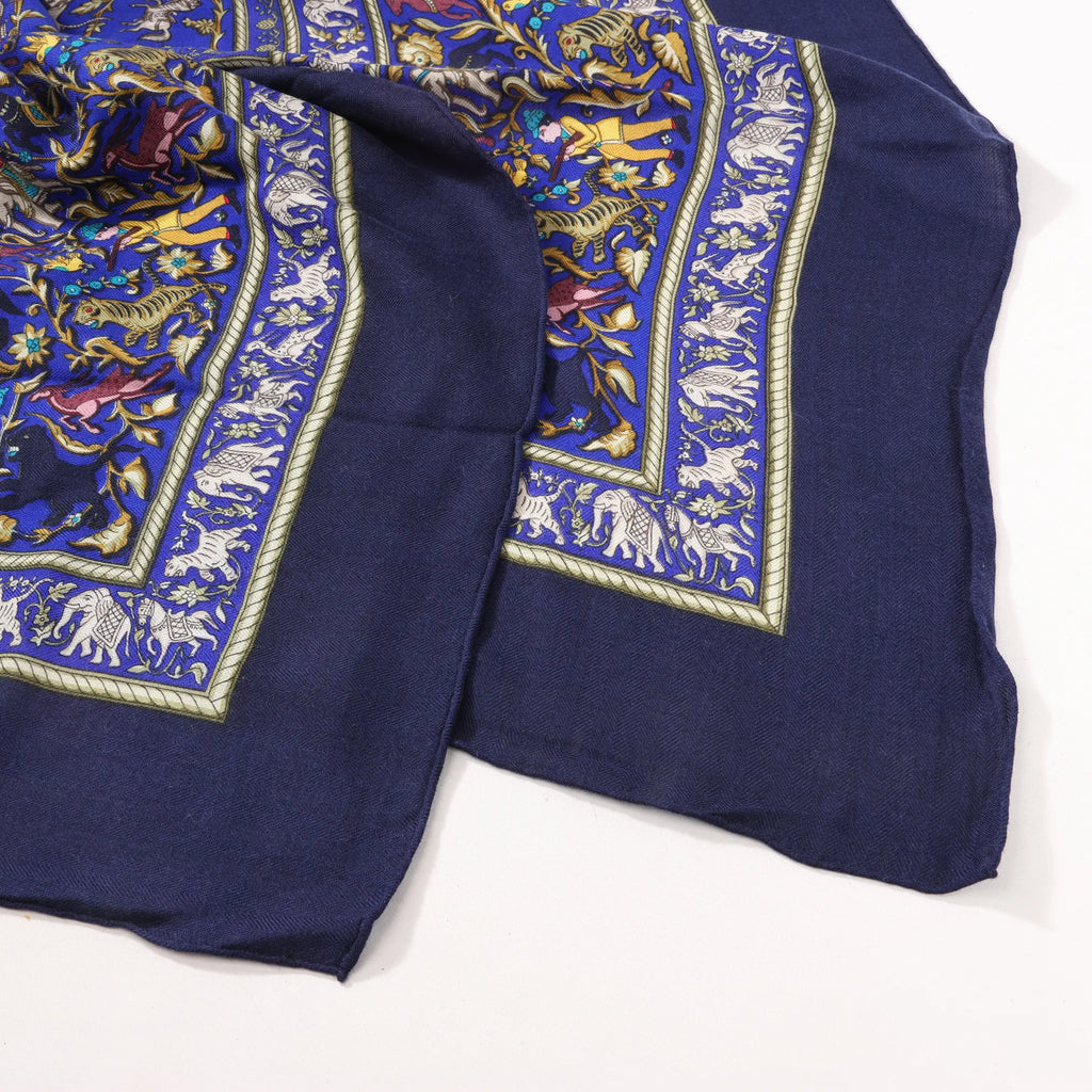 Hermès Carré Géant "CHASSE EN INDE" Cashmere & Silk Scarf in in Navy Blue
