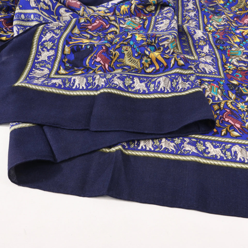 Hermès Carré Géant "CHASSE EN INDE" Cashmere & Silk Scarf in in Navy Blue