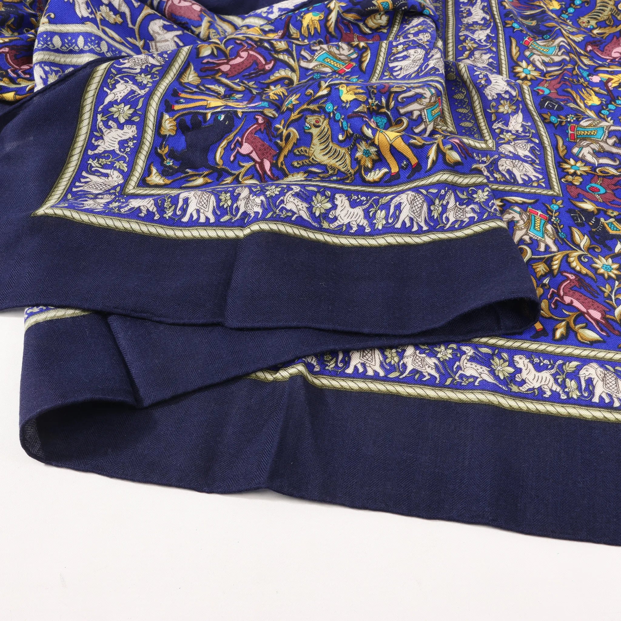 Hermès Carré Géant "CHASSE EN INDE" Cashmere & Silk Scarf in in Navy Blue