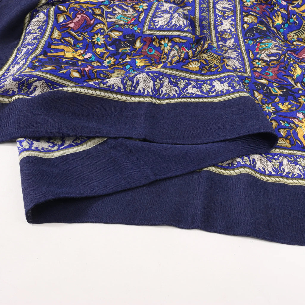 Hermès Carré Géant "CHASSE EN INDE" Cashmere & Silk Scarf in in Navy Blue
