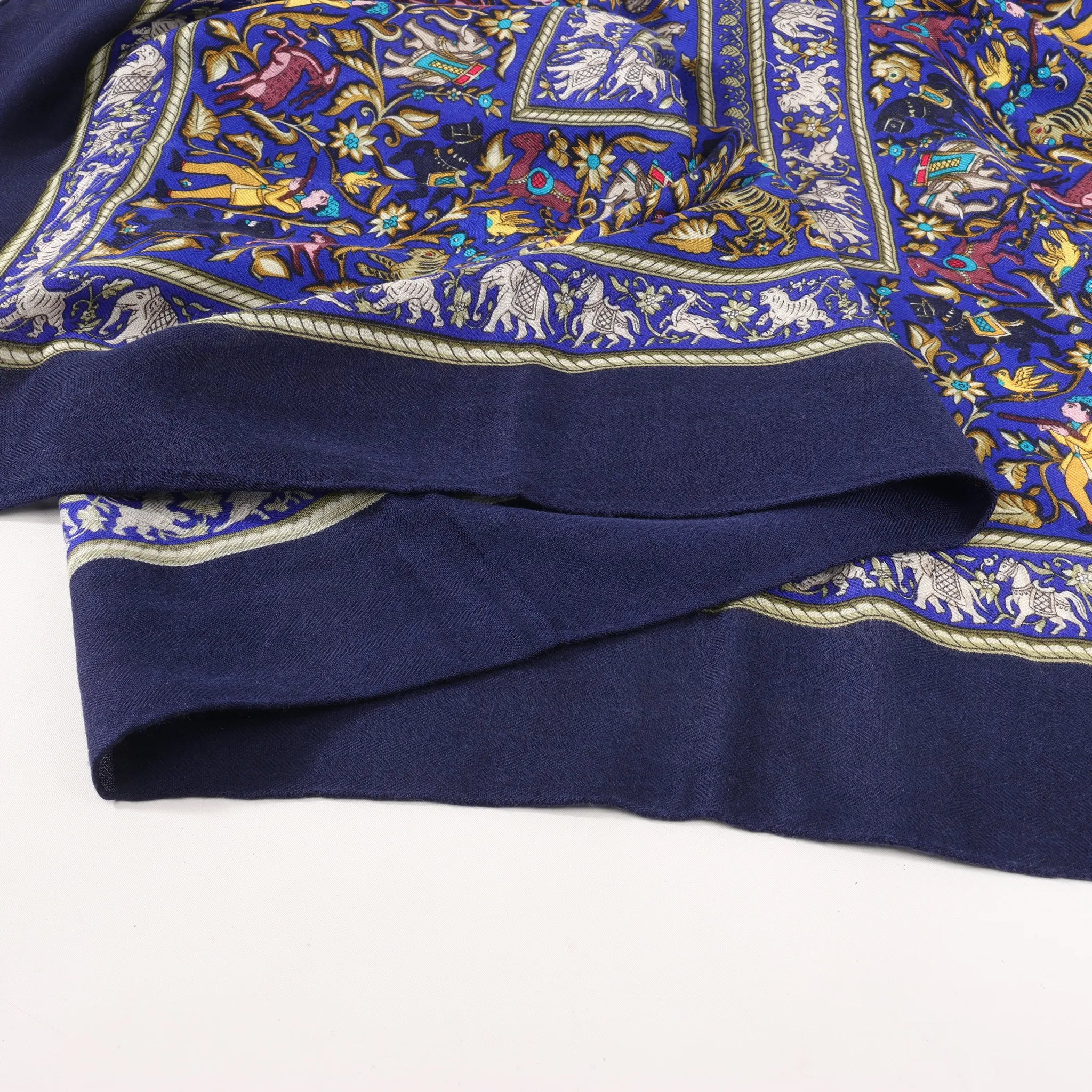 Hermès Carré Géant "CHASSE EN INDE" Cashmere & Silk Scarf in in Navy Blue