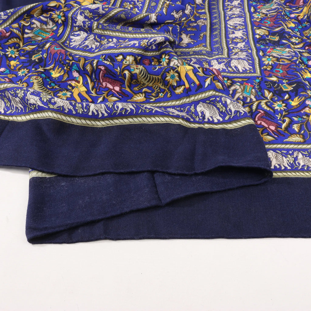 Hermès Carré Géant "CHASSE EN INDE" Cashmere & Silk Scarf in in Navy Blue