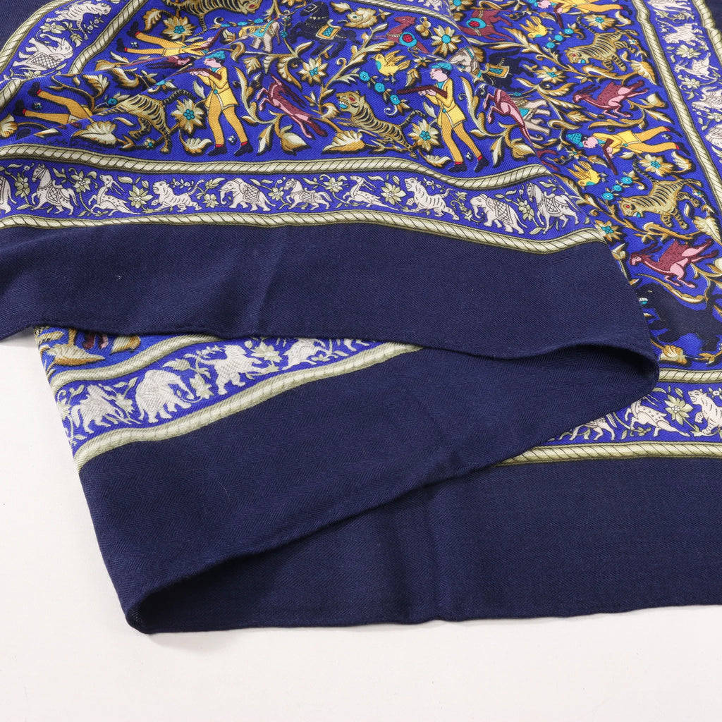Hermès Carré Géant "CHASSE EN INDE" Cashmere & Silk Scarf in in Navy Blue