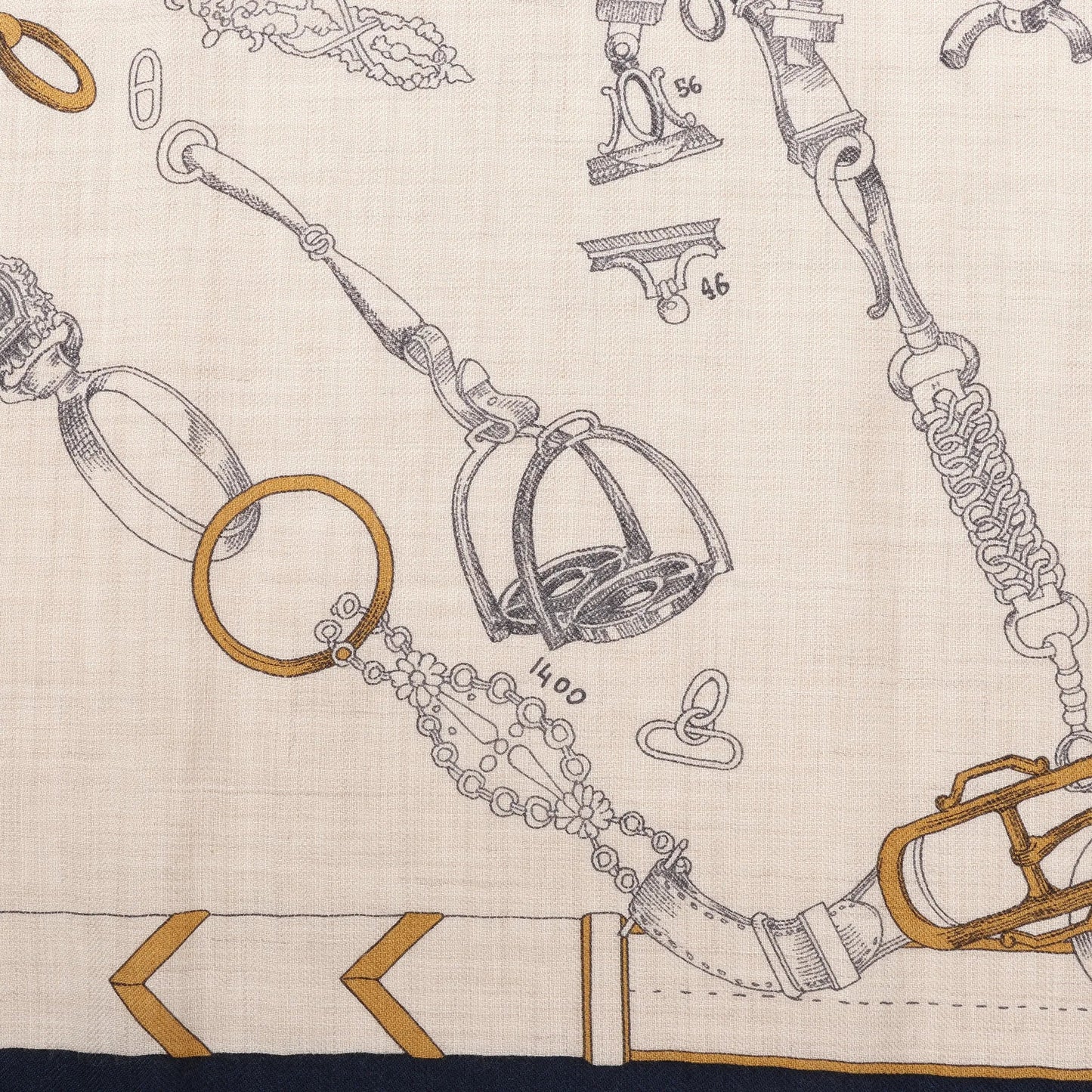 Hermès Carré Géant "Malines Chevaux Déchène" Cashmere & Silk handkerchief in Beige x Navy Blue