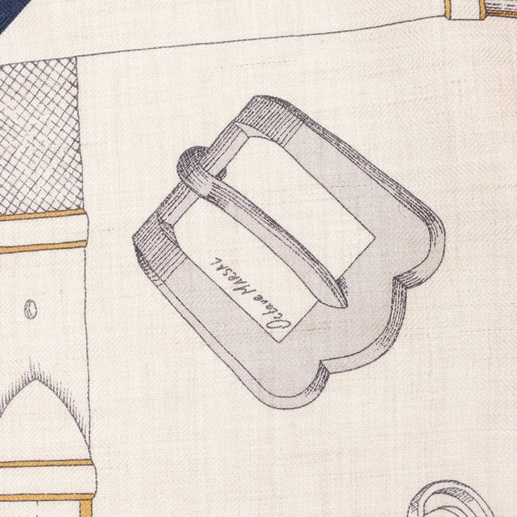 Hermès Carré Géant "Malines Chevaux Déchène" Cashmere & Silk handkerchief in Beige x Navy Blue