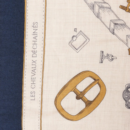 Hermès Carré Géant "Malines Chevaux Déchène" Cashmere & Silk handkerchief in Beige x Navy Blue