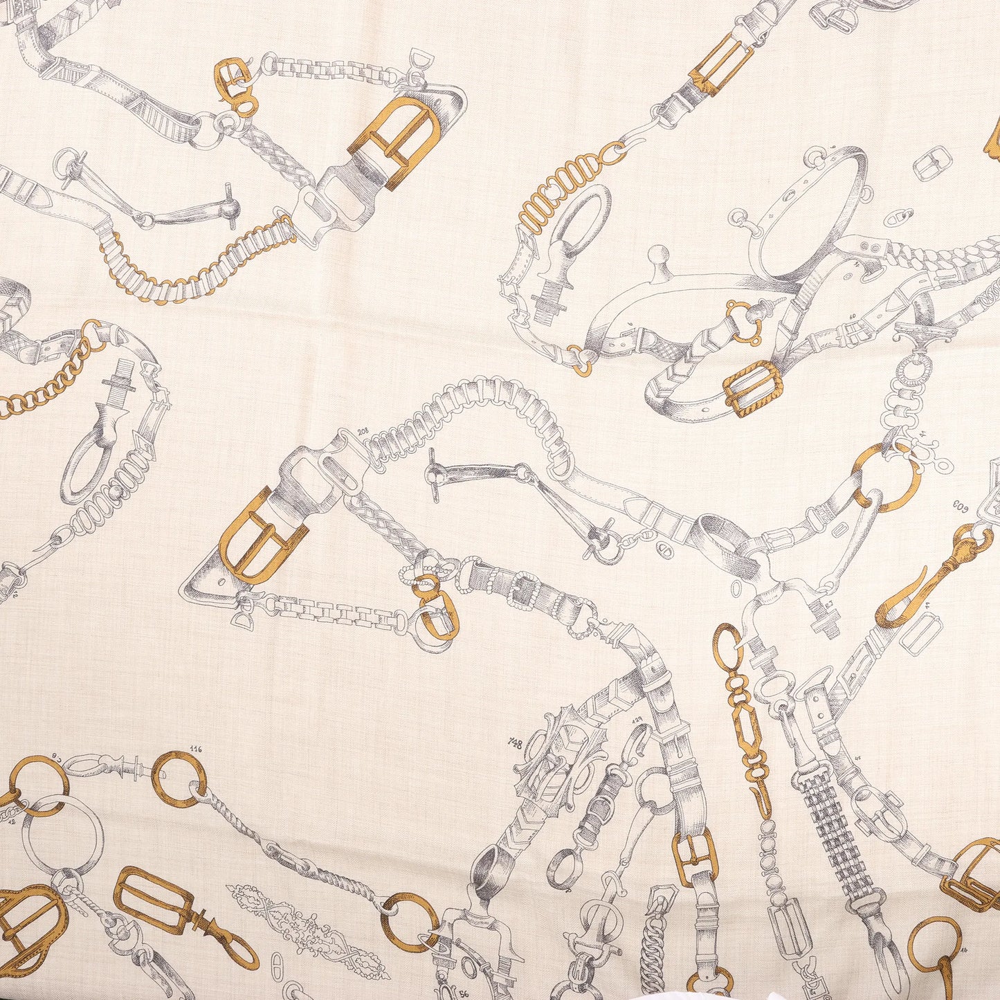 Hermès Carré Géant "Malines Chevaux Déchène" Cashmere & Silk handkerchief in Beige x Navy Blue