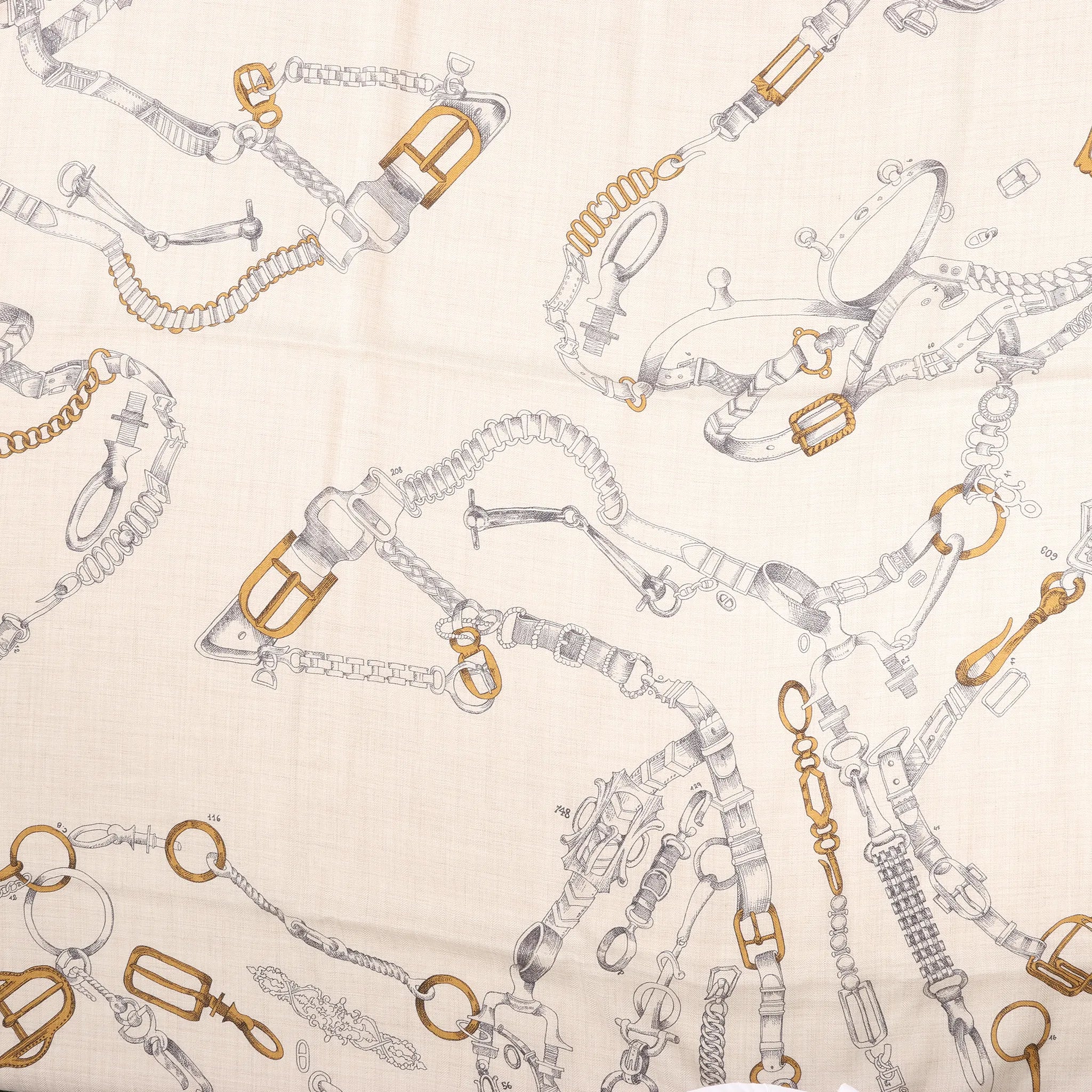 Hermès Carré Géant "Malines Chevaux Déchène" Cashmere & Silk handkerchief in Beige x Navy Blue