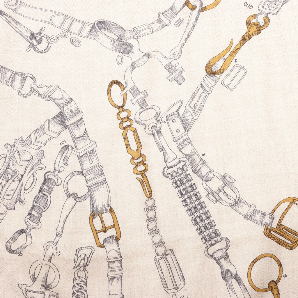 Hermès Carré Géant "Malines Chevaux Déchène" Cashmere & Silk handkerchief in Beige x Navy Blue