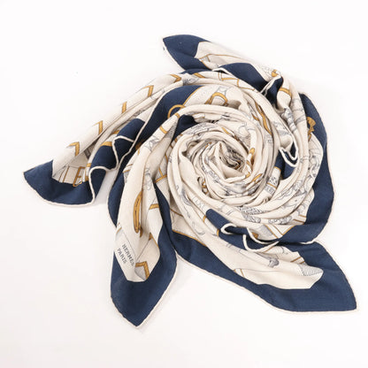 Hermès Carré Géant "Malines Chevaux Déchène" Cashmere & Silk handkerchief in Beige x Navy Blue