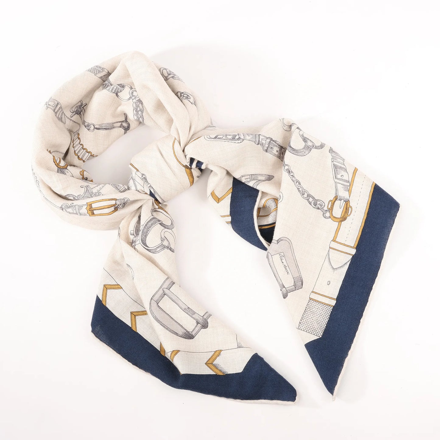 Hermès Carré Géant "Malines Chevaux Déchène" Cashmere & Silk handkerchief in Beige x Navy Blue