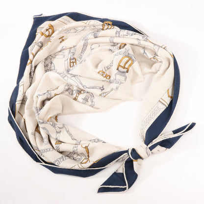 Hermès Carré Géant "Malines Chevaux Déchène" Cashmere & Silk handkerchief in Beige x Navy Blue