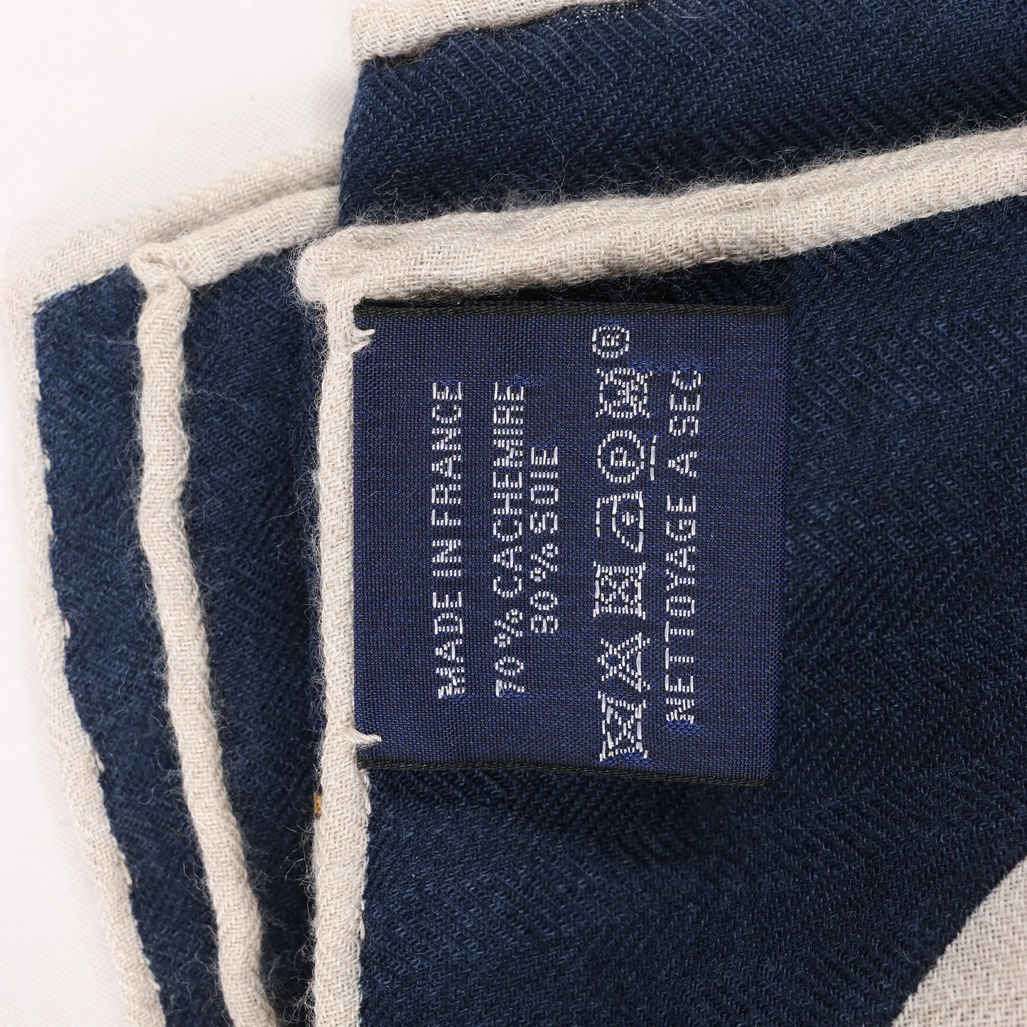Hermès Carré Géant "Malines Chevaux Déchène" Cashmere & Silk handkerchief in Beige x Navy Blue