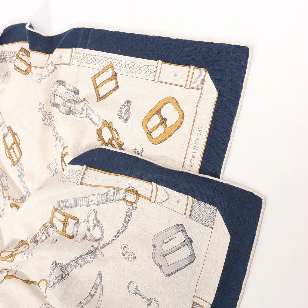 Hermès Carré Géant "Malines Chevaux Déchène" Cashmere & Silk handkerchief in Beige x Navy Blue