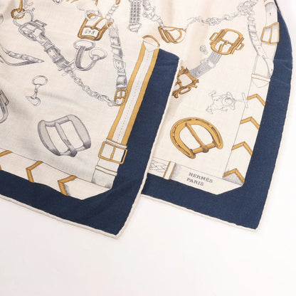 Hermès Carré Géant "Malines Chevaux Déchène" Cashmere & Silk handkerchief in Beige x Navy Blue