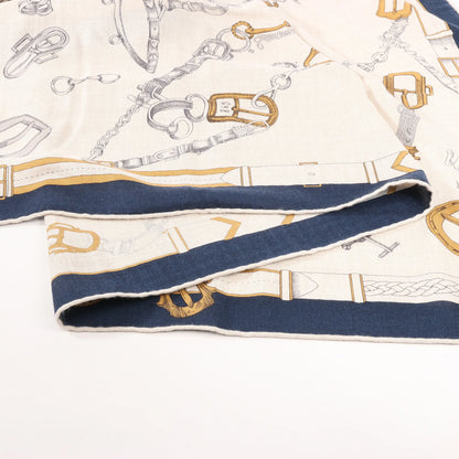 Hermès Carré Géant "Malines Chevaux Déchène" Cashmere & Silk handkerchief in Beige x Navy Blue