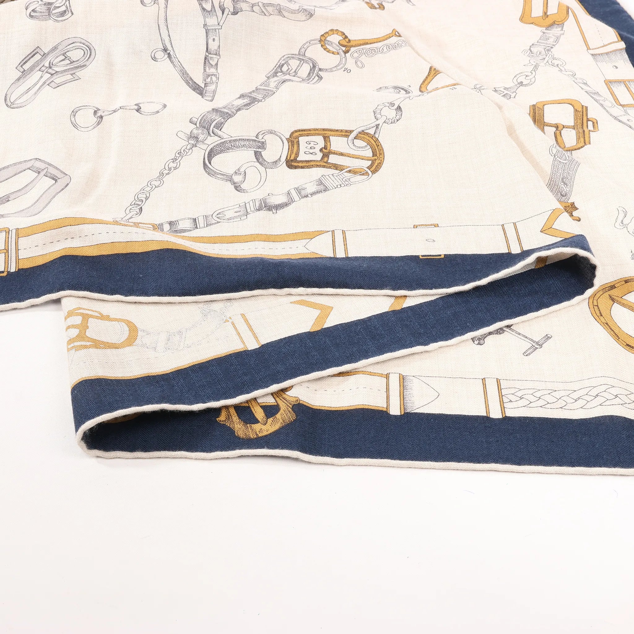 Hermès Carré Géant "Malines Chevaux Déchène" Cashmere & Silk handkerchief in Beige x Navy Blue