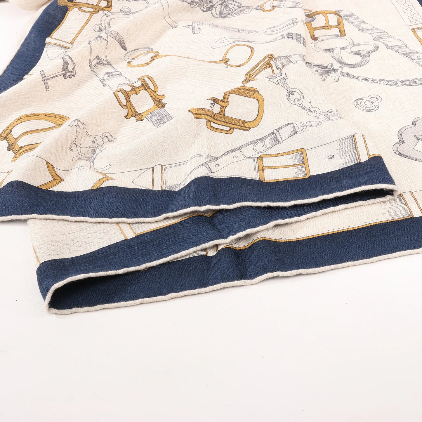Hermès Carré Géant "Malines Chevaux Déchène" Cashmere & Silk handkerchief in Beige x Navy Blue