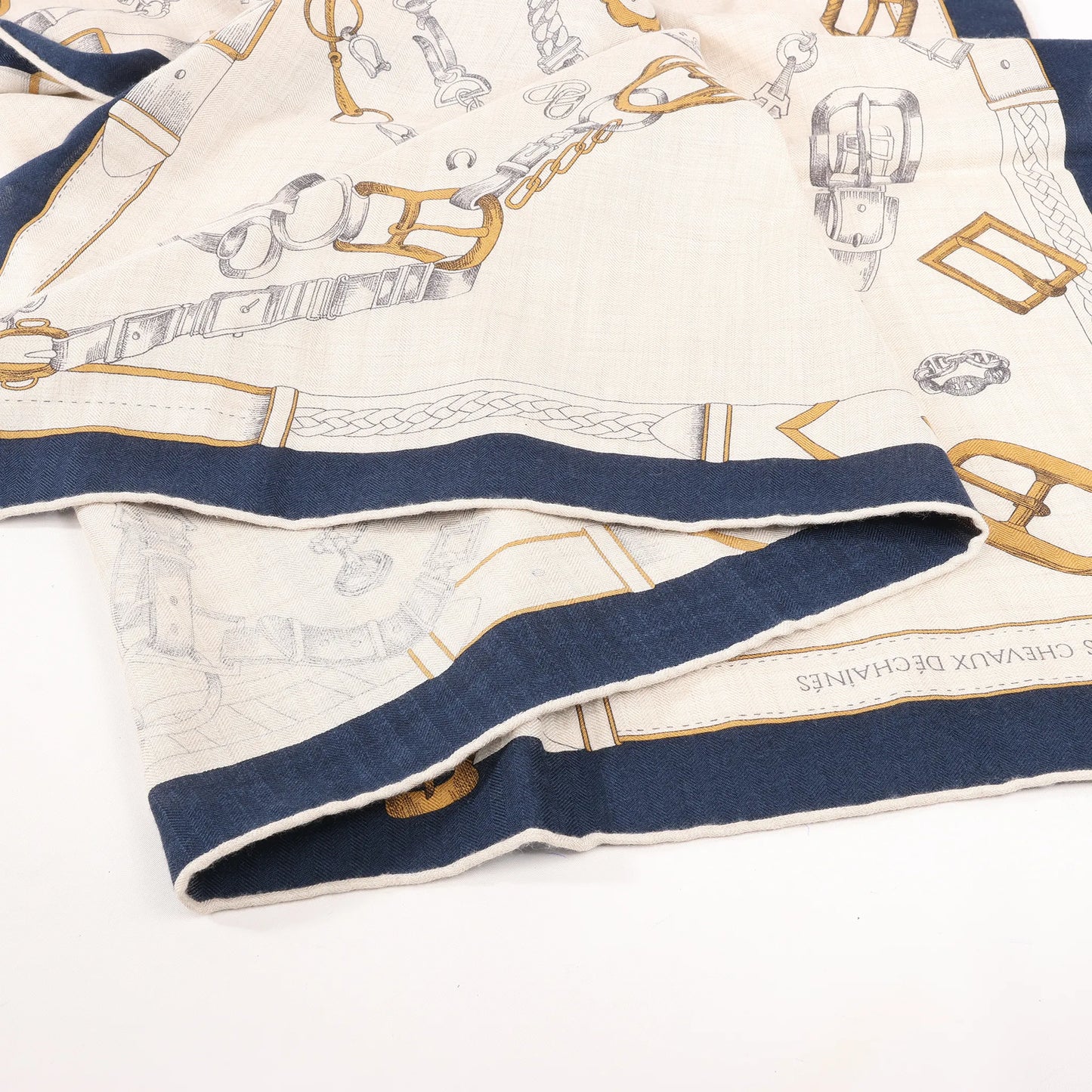 Hermès Carré Géant "Malines Chevaux Déchène" Cashmere & Silk handkerchief in Beige x Navy Blue