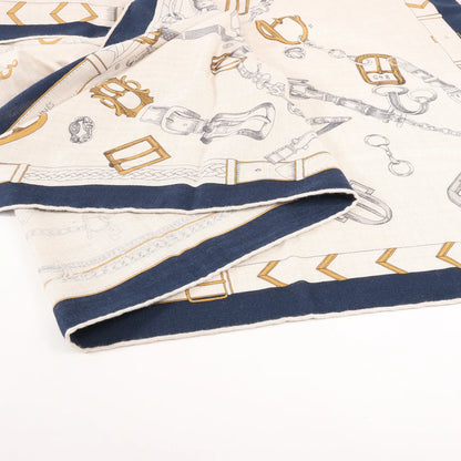 Hermès Carré Géant "Malines Chevaux Déchène" Cashmere & Silk handkerchief in Beige x Navy Blue