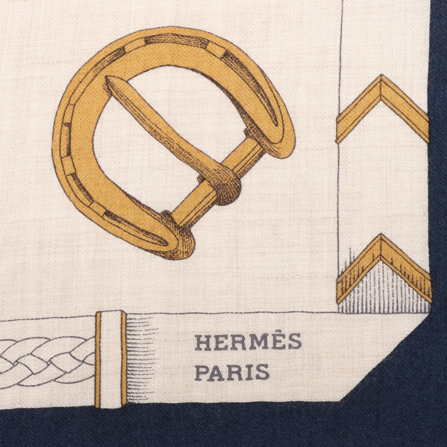 Hermès Carré Géant "Malines Chevaux Déchène" Cashmere & Silk handkerchief in Beige x Navy Blue