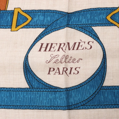 Hermès Carré Géant "Eperon d'or Golden" Cashmere & Silk handkerchief in Blue x Beige