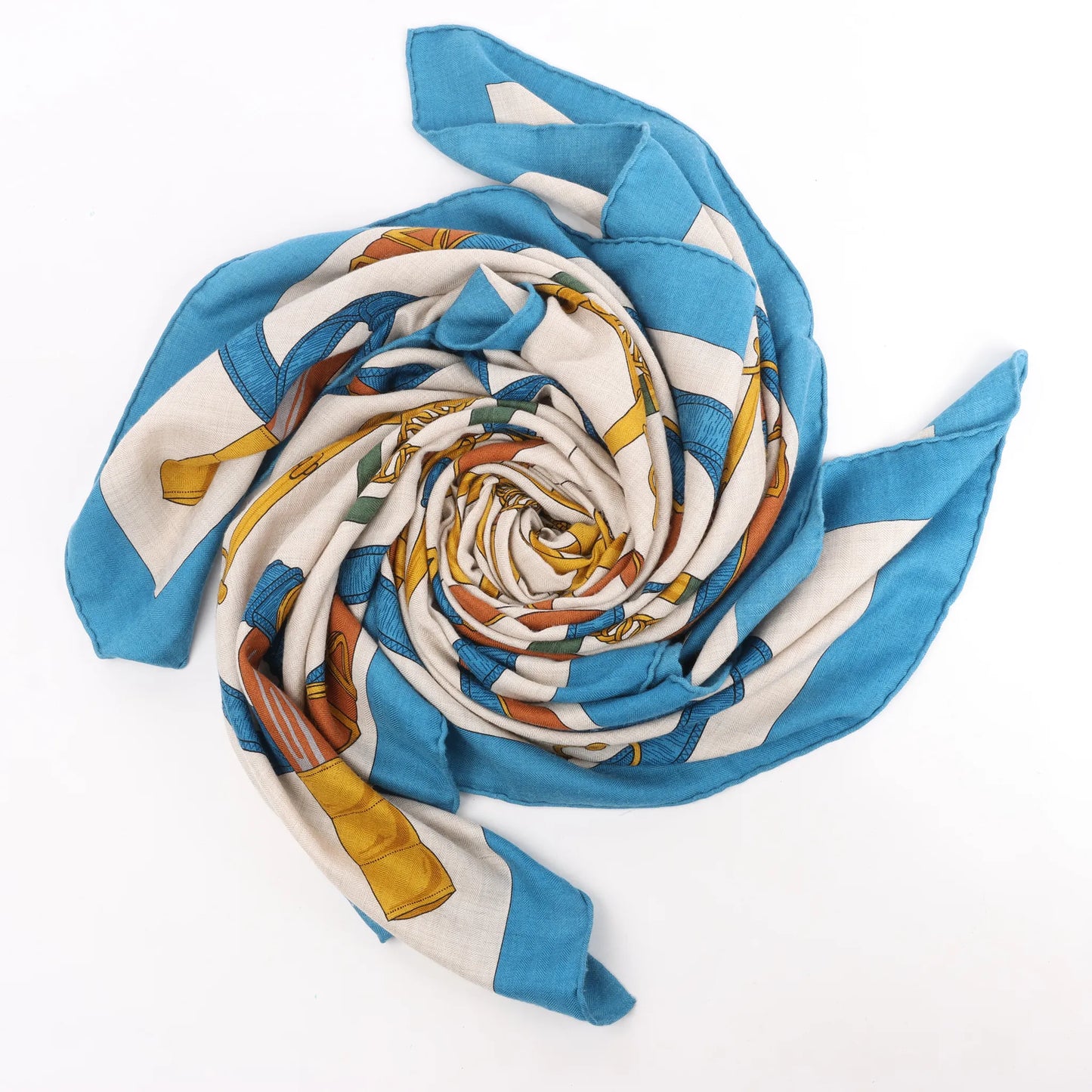 Hermès Carré Géant "Eperon d'or Golden" Cashmere & Silk handkerchief in Blue x Beige