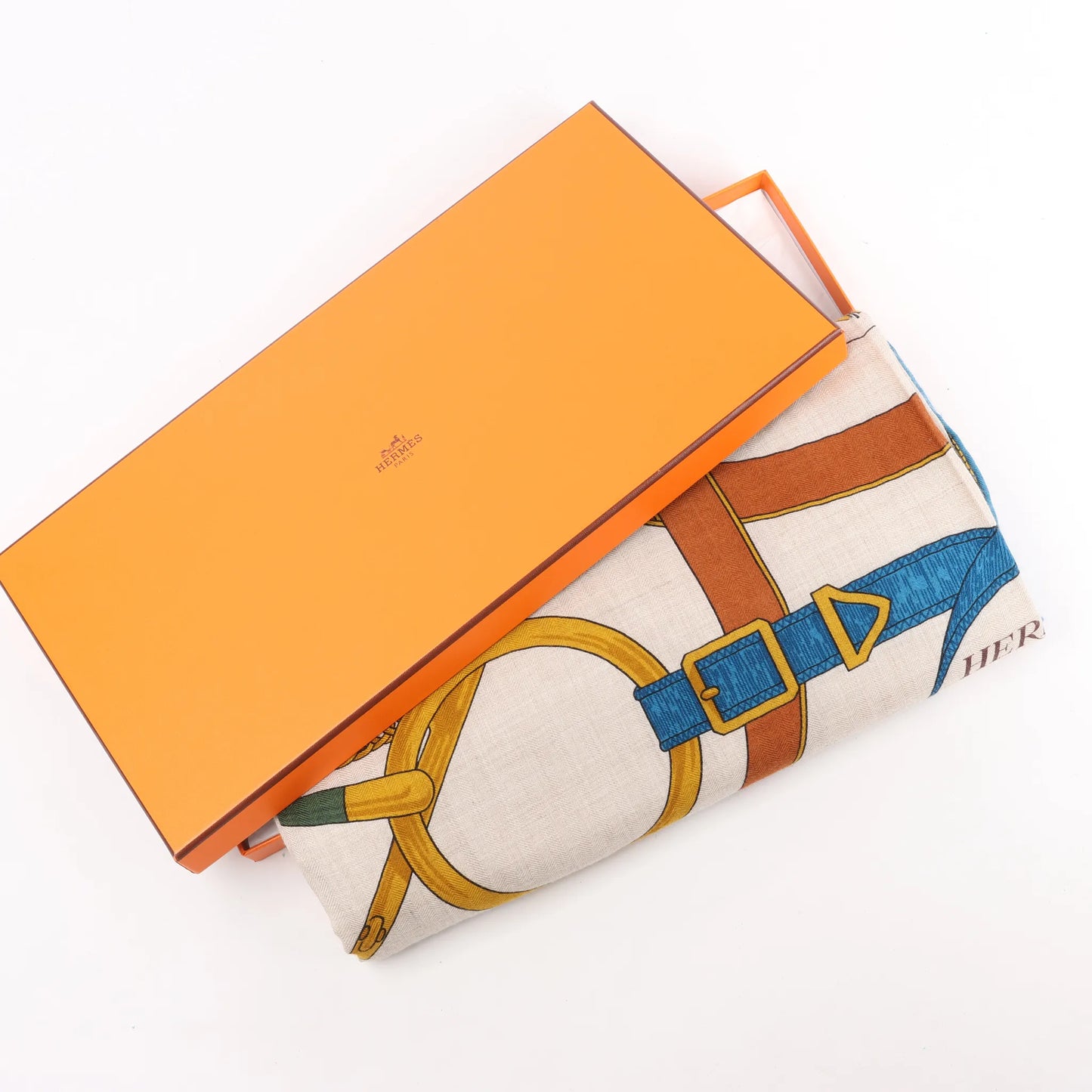 Hermès Carré Géant "Eperon d'or Golden" Cashmere & Silk handkerchief in Blue x Beige