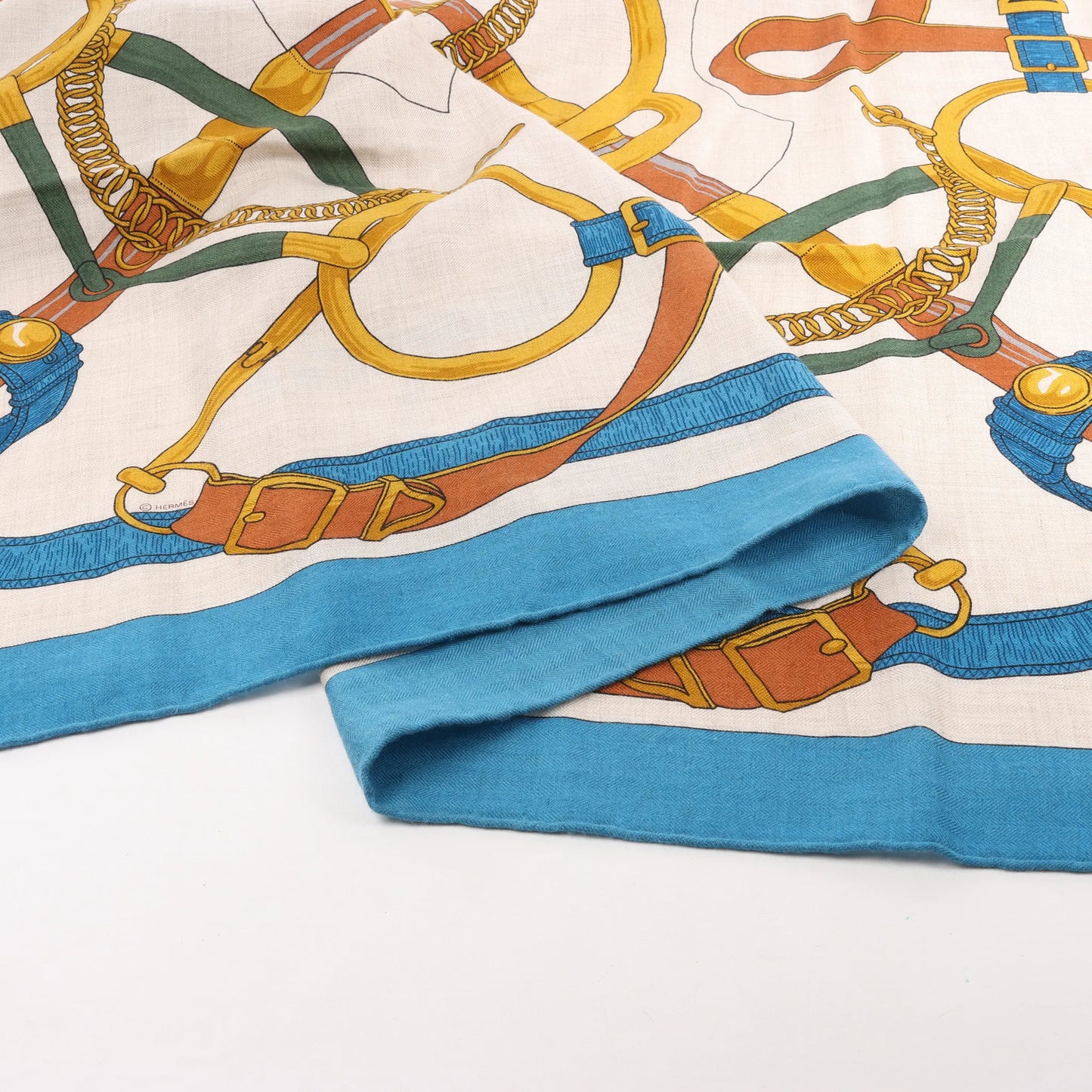 Hermès Carré Géant "Eperon d'or Golden" Cashmere & Silk handkerchief in Blue x Beige