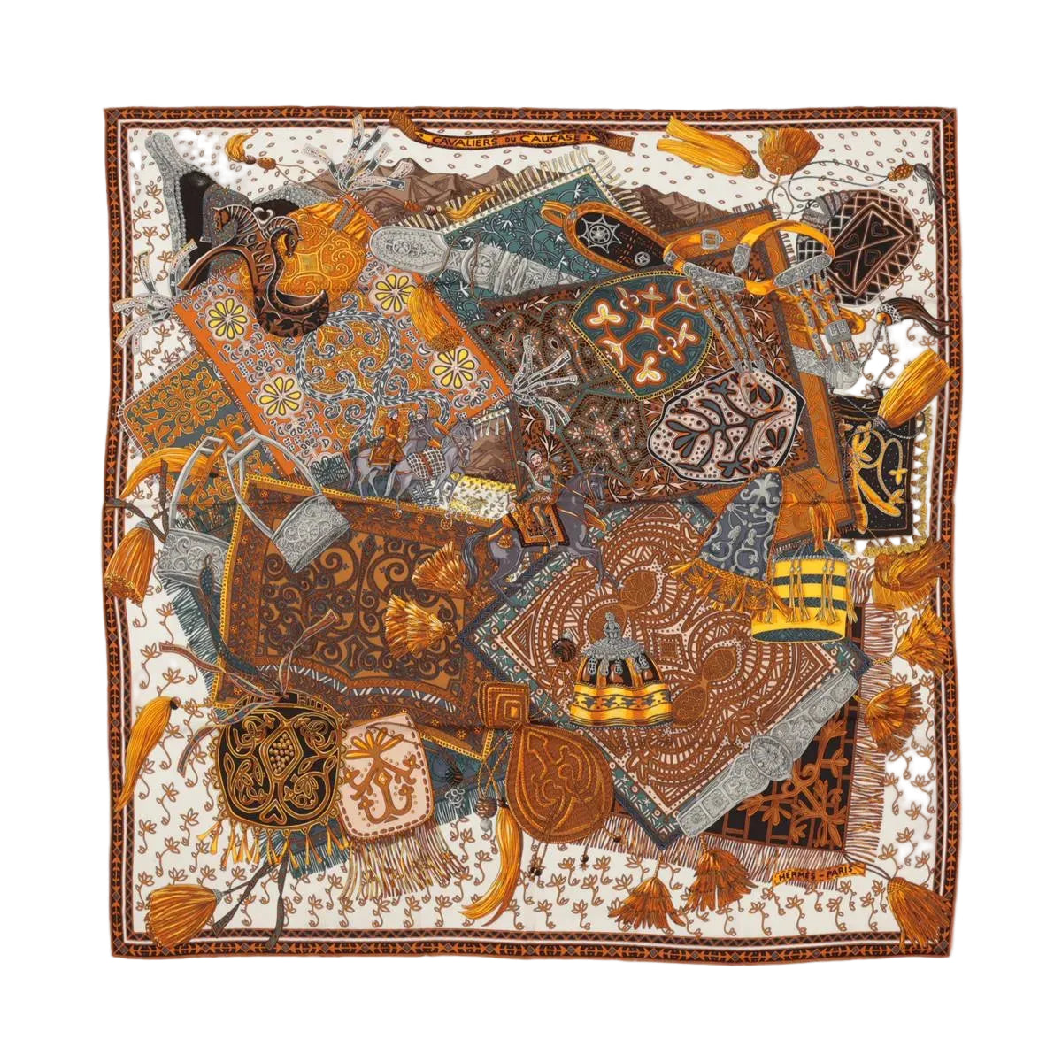 Hermès Carré Geant "CAVALIERS DU CAUCAS" Cashemere & Silk Scarf in Brown